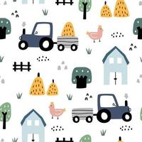 Farm seamless pattern Lovely landscape background with car tractors and houses. Hand drawn design in cartoon style, use for print, wallpaper, decoration, fashion. Vector illustration