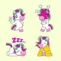 Cute unicorn sticker vector illustration, peace, angry, sleepy, and fever unicorn pose