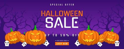 Halloween sale background with pumpkin and spider web elements vector