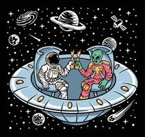 Astronaut and alien chill together inside ufo illustration vector