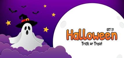 banner de fondo feliz halloween con vista nocturna, nubes, fantasmas, murciélagos, luna llena. ilustración vectorial con estilo de corte de papel y puede editar vector