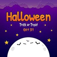 Happy Halloween background banner with night view, clouds, bats and big moon. Vector illustration with paper cut style and can editable