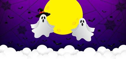 Happy Halloween banner and invitation background. Vector background Halloween theme with night clouds, ghost, bats, spider and yellow moon in paper cut style. There is a place for text