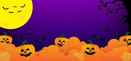 Happy Halloween background banner with clouds, pumpkins, bats, full moon. Vector illustration with paper cut style and can editable. Place for text