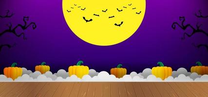 Fondo de Halloween con calabazas y nubes con estilo papercut. fondo morado con vista nocturna y luna amarilla vector