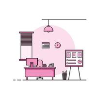 Working table flat design, Concept of working desk interior with furniture. Work room with computer, desktop, table, chair, book, and stationary equipment. Work from home cartoon illustration. vector