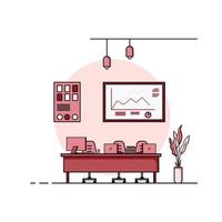 diseño plano de la mesa de trabajo, concepto de interior de escritorio con muebles. sala de trabajo con computadora, escritorio, mesa, silla, libro y equipo estacionario. trabajar desde casa ilustración de dibujos animados. vector