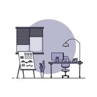 diseño plano de la mesa de trabajo, concepto de interior de escritorio con muebles. sala de trabajo con computadora, escritorio, mesa, silla, libro y equipo estacionario. trabajar desde casa ilustración de dibujos animados. vector