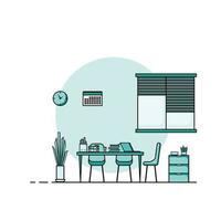 diseño plano de la mesa de trabajo, concepto de interior de escritorio con muebles. sala de trabajo con computadora, escritorio, mesa, silla, libro y equipo estacionario. trabajar desde casa ilustración de dibujos animados. vector