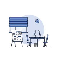 Working table flat design, Concept of working desk interior with furniture. Work room with computer, desktop, table, chair, book, and stationary equipment. Work from home cartoon illustration. vector