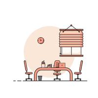 Working table flat design, Concept of working desk interior with furniture. Work room with computer, desktop, table, chair, book, and stationary equipment. Work from home cartoon illustration. vector