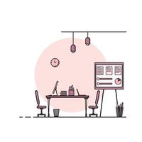 diseño plano de la mesa de trabajo, concepto de interior de escritorio con muebles. sala de trabajo con computadora, escritorio, mesa, silla, libro y equipo estacionario. trabajar desde casa ilustración de dibujos animados. vector