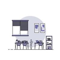 diseño plano de la mesa de trabajo, concepto de interior de escritorio con muebles. sala de trabajo con computadora, escritorio, mesa, silla, libro y equipo estacionario. trabajar desde casa ilustración de dibujos animados. vector