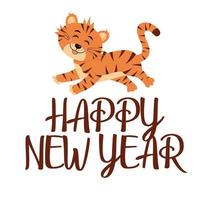 banner de feliz año nuevo con lindo tigre corriendo sonriente. vector