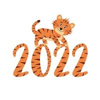 New year 2022 striped numbers with cute walking tiger. vector