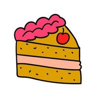 Doodle slice of cake with cherry isolated on white background. vector