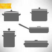 Set of gray icons of pans to cook different dishes. Pans and pots collection isolated on white. vector