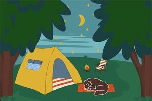 acampada nocturna con carpa. el concepto de una casa móvil en el bosque con una fogata con un perro para unas vacaciones en el campo. Ilustración en el vector vida en el bosque. ilustración vectorial