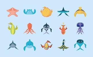 underwater world sea life starfish fish dolphin whale turtle icon set