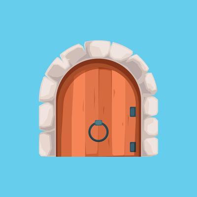 Medieval doors ancient wooden steel doors old building wall mysterious portal gates flat style medieval wooden door ancient gate castle illustration