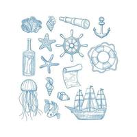 Nautical collection sailing boats hand drawn marine set fishes vessel set ship marine sea vessel collection elements lighthouse anchor illustration vector
