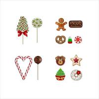 conjunto de dulces navideños. piruletas, caramelos, chocolates, galletas y pasteles aislados vector