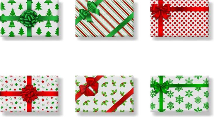 set of isolated rectangular christmas gift boxes .Top view