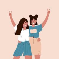 Feliz día de la amistad. muchachas adolescentes. mejores amigas amigas divirtiéndose dos niñas abrazándose. bandera. vector