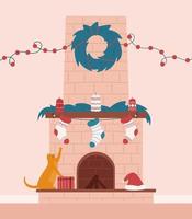 Vector illustration of cozy fireplace in living room. Christmas decorations garlands, candles, socks, santa's hat, wreath. Funny cat trying to catch christmas sweets. Merry Christmas