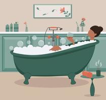 Girl with glass of wine taking bath. Relax after hard day. Background with painting and flowers. vector