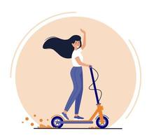 Vector illustration of girl riding a scooter. Summer vibes. Summer time. City life. Girl having fun on electrical scooter. Riding in the park.