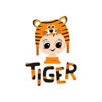 Boy with big eyes and wide smile in tiger hat with lettering. Cute kid with happy face in festive costume for New Year, Christmas and holiday. Head of adorable child with smile emotions vector