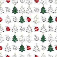 Seamless pattern with line and silhouette of Christmas trees and balls. Happy new year print for wrapping paper, textile and design vector