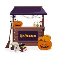 Stall counter for fall Halloween holiday with lanterns, pumpkins, books, and witch items. Festive decoration with horror elements vector
