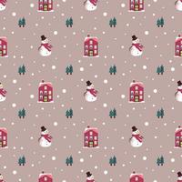 Seamless pattern with festive Christmas houses, snowman, trees and snowflakes on pink background. Bright print for the New Year and winter holidays for wrapping paper, textiles and design. vector