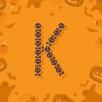 Halloween letter K from skulls and crossbones for design. Festive font for holiday and party on orange background with pumpkins, spiders, bats and ghosts vector