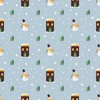 Seamless pattern with festive Christmas houses, snowman, trees and snowflakes on blue background. Bright print for the New Year and winter holidays for wrapping paper, textiles and design. vector