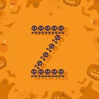 Halloween letter Z from skulls and crossbones for design. Festive font for holiday and party on orange background with pumpkins, spiders, bats and ghosts vector