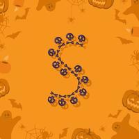 Halloween letter S from skulls and crossbones for design. Festive font for holiday and party on orange background with pumpkins, spiders, bats and ghosts vector