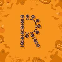 Halloween letter R from skulls and crossbones for design. Festive font for holiday and party on orange background with pumpkins, spiders, bats and ghosts vector