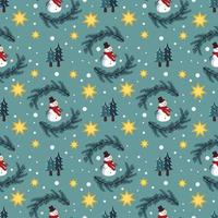 Seamless Christmas pattern with snowmen, fir trees, stars and snowflakes on blue background. Bright print for New Year and winter holiday, wrapping paper, textiles and design. vector