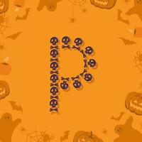 Halloween letter P from skulls and crossbones for design. Festive font for holiday and party on orange background with pumpkins, spiders, bats and ghosts vector