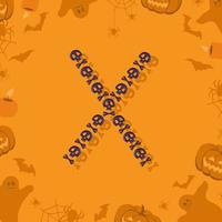 Halloween letter X from skulls and crossbones for design. Festive font for holiday and party on orange background with pumpkins, spiders, bats and ghosts vector