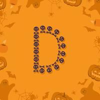 Halloween letter D from skulls and crossbones for design. Festive font for holiday and party on orange background with pumpkins, spiders, bats and ghosts vector