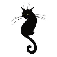 Black Cat with yellow eyes and long cat whiskers. Vector illustration isolated on white background. Halloween character. Silhouette. For design invitations, postcards.