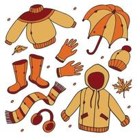 Autumn clothing vector set. Raincoat, rubber boots, open umbrella, scarf, hat, headphones, gloves, leaves. Rainy season set. Collection Doodle Cartoon style isolated on white background