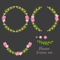 flower frame made of hand drawn pink cherry blossoms on black background. natural circular wreath for greeting card decoration. Vector illustration