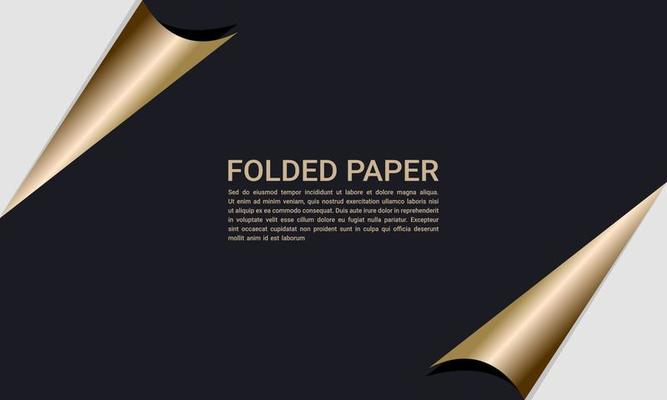 Realistic black color paper sheet with golden curved corners for sales banner, discount or web background. folded corner paper vector illustration.