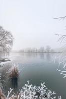 niebla de la mañana panorámica sobre el lago congelado. paisaje de la naturaleza de invierno. brumoso sol de la mañana brumosa, sereno escenario natural, helada, frío día de invierno