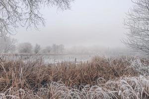 Winter forest and frozen lake sunset. Panoramic landscape with snowy trees, sun, beautiful frozen river with reflection in water. Cold winter landscape artistic foggy morning sunlight. Seasonal nature photo